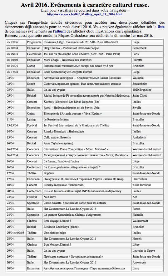 Avril 2016 : calendrier d'événements relatifs à la culture russe.